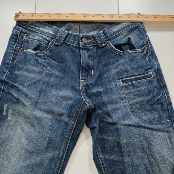 A Vintage HTM Hitomi Jean Mens 29x32 Blue Straigh Leg Japan Distressed Wiskering - Picture 3 of 16